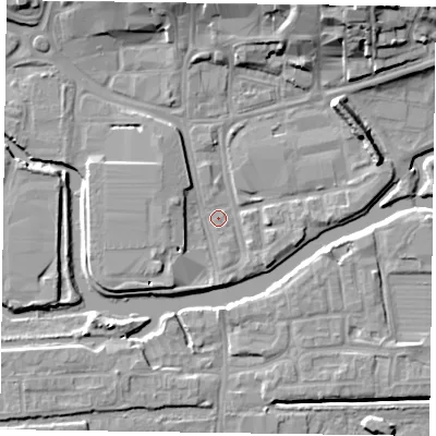 Shaded relief map of the ground around NN11QF, computed from Environment Agency LiDAR. The ground here sits at about 58 m above sea level and falls 15 m across the surrounding 800 m. Surface water reaching this point runs off ground lying to the south-west, 2.8 m higher.