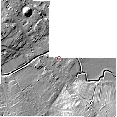 Shaded relief map of the ground around NN126AH, computed from Environment Agency LiDAR. The ground here sits at about 86 m above sea level and falls 15 m across the surrounding 800 m. Surface water reaching this point runs off ground lying to the south-west, 1.3 m higher.