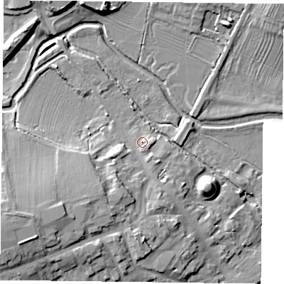 Shaded relief map of the ground around NN126DB, computed from Environment Agency LiDAR. The ground here sits at about 89 m above sea level and falls 15 m across the surrounding 800 m. Surface water reaching this point runs off ground lying to the south-east, 2.3 m higher.