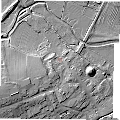 Shaded relief map of the ground around NN126DD, computed from Environment Agency LiDAR. The ground here sits at about 90 m above sea level and falls 15 m across the surrounding 800 m. Surface water reaching this point runs off ground lying to the west-south-west, 10.6 m higher.