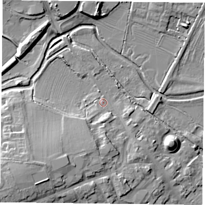 Shaded relief map of the ground around NN126DE, computed from Environment Agency LiDAR. The ground here sits at about 88 m above sea level and falls 15 m across the surrounding 800 m. Surface water reaching this point runs off ground lying to the south-west, 12.3 m higher.