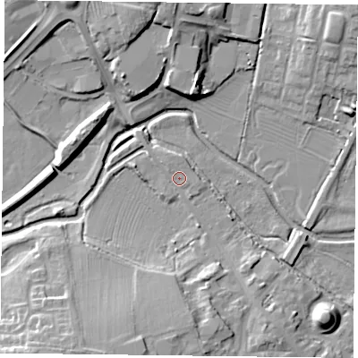 Shaded relief map of the ground around NN126HT, computed from Environment Agency LiDAR. The ground here sits at about 88 m above sea level and falls 13 m across the surrounding 800 m. Surface water reaching this point runs off ground lying to the north-west, 1.2 m higher.
