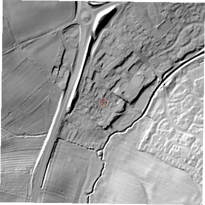 Shaded relief map of the ground around NN126JF, computed from Environment Agency LiDAR. The ground here sits at about 93 m above sea level and falls 23 m across the surrounding 800 m. Surface water reaching this point runs off ground lying to the north-west, 6.9 m higher.