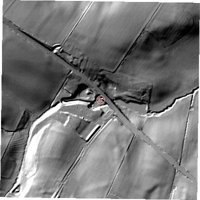 Shaded relief map of the ground around NN126LF, computed from Environment Agency LiDAR. The ground here sits at about 92 m above sea level and falls 34 m across the surrounding 800 m. Surface water reaching this point runs off ground lying to the north-west, 28.1 m higher.