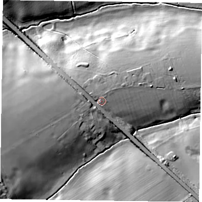 Shaded relief map of the ground around NN126LH, computed from Environment Agency LiDAR. The ground here sits at about 109 m above sea level and falls 26 m across the surrounding 800 m. Surface water reaching this point runs off ground lying to the north-west, 2.2 m higher.