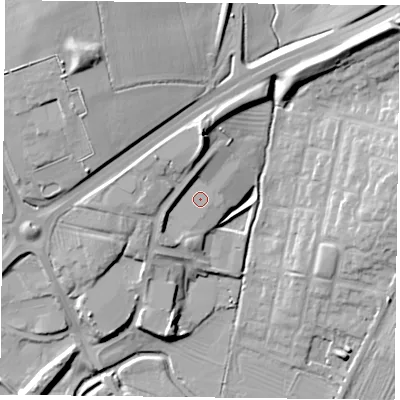 Shaded relief map of the ground around NN126PF, computed from Environment Agency LiDAR. The ground here sits at about 93 m above sea level and falls 25 m across the surrounding 800 m. Surface water reaching this point runs off ground lying to the north-north-west, 4.1 m higher.