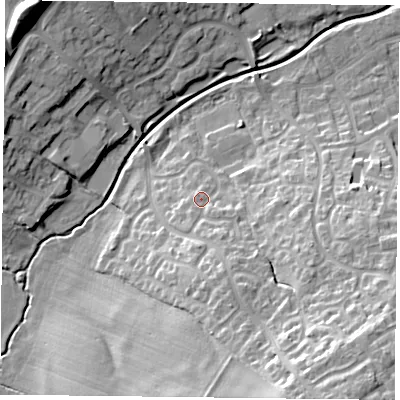 Shaded relief map of the ground around NN126UQ, computed from Environment Agency LiDAR. The ground here sits at about 93 m above sea level and falls 27 m across the surrounding 800 m. Surface water reaching this point runs off ground lying to the south-south-east, 7.1 m higher.