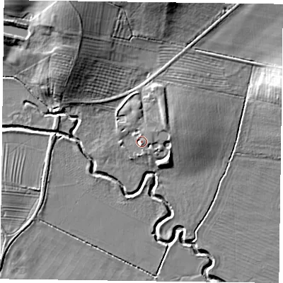 Shaded relief map of the ground around NN126UT, computed from Environment Agency LiDAR. The ground here sits at about 83 m above sea level and falls 13 m across the surrounding 800 m. Surface water reaching this point runs off ground lying to the north-east, 2.3 m higher.