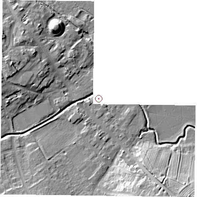 Shaded relief map of the ground around NN126UX, computed from Environment Agency LiDAR. and falls 14 m across the surrounding 800 m. Surface water reaching this point runs off ground lying to the south-east, 12.9 m higher.