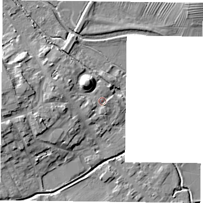 Shaded relief map of the ground around NN126YY, computed from Environment Agency LiDAR. The ground here sits at about 88 m above sea level and falls 12 m across the surrounding 800 m. Surface water reaching this point runs off ground lying to the south-west, 2.6 m higher.