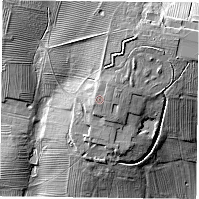 Shaded relief map of the ground around NN127HS, computed from Environment Agency LiDAR. The ground here sits at about 107 m above sea level and falls 24 m across the surrounding 800 m. Surface water reaching this point runs off ground lying to the north-east, 1.5 m higher.