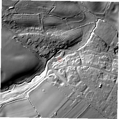 Shaded relief map of the ground around NN127JS, computed from Environment Agency LiDAR. The ground here sits at about 86 m above sea level and falls 20 m across the surrounding 800 m. Surface water reaching this point runs off ground lying to the south-south-east, 11.3 m higher.