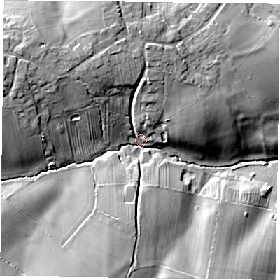 Shaded relief map of the ground around NN127NJ, computed from Environment Agency LiDAR. The ground here sits at about 110 m above sea level and falls 19 m across the surrounding 800 m. Surface water reaching this point runs off ground lying to the west-north-west, 15.6 m higher.