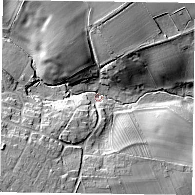 Shaded relief map of the ground around NN127PX, computed from Environment Agency LiDAR. The ground here sits at about 79 m above sea level and falls 23 m across the surrounding 800 m. Surface water reaching this point runs off ground lying to the south-west, 20.7 m higher.