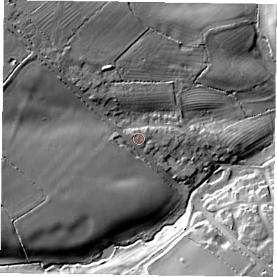 Shaded relief map of the ground around NN127QD, computed from Environment Agency LiDAR. The ground here sits at about 93 m above sea level and falls 19 m across the surrounding 800 m. Surface water reaching this point runs off ground lying to the west-north-west, 1.2 m higher.