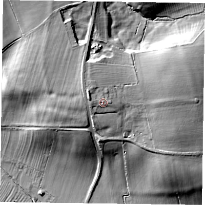 Shaded relief map of the ground around NN127SL, computed from Environment Agency LiDAR. The ground here sits at about 104 m above sea level and falls 29 m across the surrounding 800 m. Surface water reaching this point runs off ground lying to the north-west, 3.7 m higher.