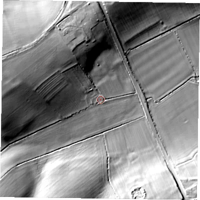 Shaded relief map of the ground around NN127SP, computed from Environment Agency LiDAR. The ground here sits at about 82 m above sea level and falls 29 m across the surrounding 800 m. Surface water reaching this point runs off ground lying to the west-north-west, 22.4 m higher.
