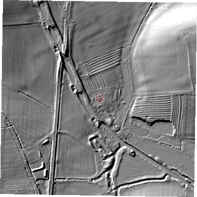 Shaded relief map of the ground around NN127SW, computed from Environment Agency LiDAR. The ground here sits at about 75 m above sea level and falls 18 m across the surrounding 800 m. Surface water reaching this point runs off ground lying to the north-north-west, 9.9 m higher.