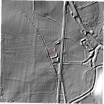 Shaded relief map of the ground around NN127XU, computed from Environment Agency LiDAR. The ground here sits at about 77 m above sea level and falls 12 m across the surrounding 800 m. Surface water reaching this point runs off ground lying to the west-north-west, 1.0 m higher.