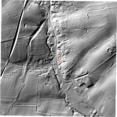 Shaded relief map of the ground around NN128AB, computed from Environment Agency LiDAR. The ground here sits at about 107 m above sea level and falls 28 m across the surrounding 800 m. Surface water reaching this point runs off ground lying to the north-east, 25.0 m higher.
