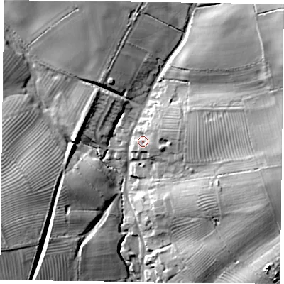 Shaded relief map of the ground around NN128AD, computed from Environment Agency LiDAR. The ground here sits at about 116 m above sea level and falls 24 m across the surrounding 800 m. Surface water reaching this point runs off ground lying to the east-north-east, 7.5 m higher.