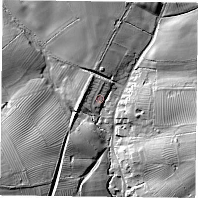 Shaded relief map of the ground around NN128AP, computed from Environment Agency LiDAR. The ground here sits at about 114 m above sea level and falls 21 m across the surrounding 800 m. Surface water reaching this point runs off ground lying to the north-north-west, 5.3 m higher.