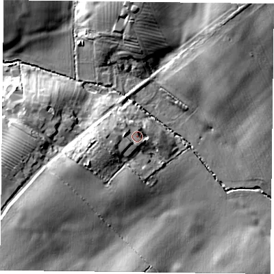 Shaded relief map of the ground around NN128AQ, computed from Environment Agency LiDAR. The ground here sits at about 106 m above sea level and falls 25 m across the surrounding 800 m. Surface water reaching this point runs off ground lying to the west-south-west, 8.0 m higher.