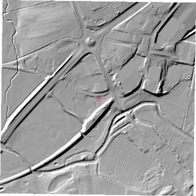 Shaded relief map of the ground around NN128AX, computed from Environment Agency LiDAR. The ground here sits at about 88 m above sea level and falls 17 m across the surrounding 800 m. Surface water reaching this point runs off ground lying to the north-north-east, 15.2 m higher.