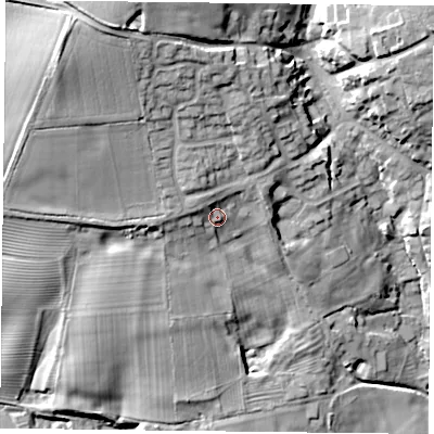 Shaded relief map of the ground around NN128BS, computed from Environment Agency LiDAR. The ground here sits at about 112 m above sea level and falls 33 m across the surrounding 800 m. Surface water reaching this point runs off ground lying to the north-west, 3.8 m higher.
