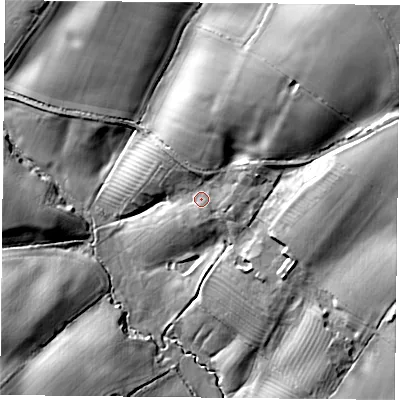 Shaded relief map of the ground around NN128HP, computed from Environment Agency LiDAR. The ground here sits at about 130 m above sea level and falls 40 m across the surrounding 800 m. Surface water reaching this point runs off ground lying to the north-east, 26.1 m higher.