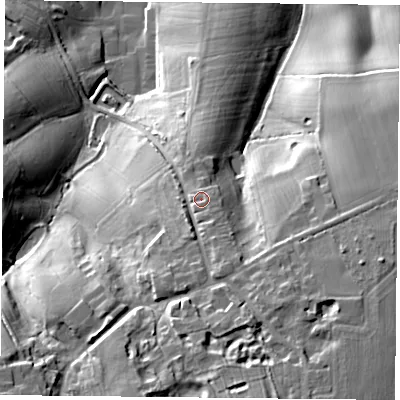 Shaded relief map of the ground around NN128JE, computed from Environment Agency LiDAR. The ground here sits at about 141 m above sea level and falls 39 m across the surrounding 800 m. Surface water reaching this point runs off ground lying to the south, 1.7 m higher.