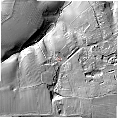 Shaded relief map of the ground around NN128JQ, computed from Environment Agency LiDAR. The ground here sits at about 142 m above sea level and falls 38 m across the surrounding 800 m. Surface water reaching this point runs off ground lying to the south-south-east, 18.9 m higher.