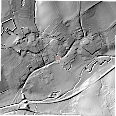 Shaded relief map of the ground around NN128PE, computed from Environment Agency LiDAR. The ground here sits at about 104 m above sea level and falls 30 m across the surrounding 800 m. Surface water reaching this point runs off ground lying to the north-west, 25.5 m higher.