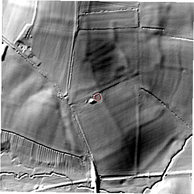 Shaded relief map of the ground around NN128PH, computed from Environment Agency LiDAR. The ground here sits at about 124 m above sea level and falls 36 m across the surrounding 800 m. Surface water reaching this point runs off ground lying to the north-west, 4.0 m higher.