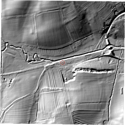 Shaded relief map of the ground around NN128QA, computed from Environment Agency LiDAR. The ground here sits at about 102 m above sea level and falls 19 m across the surrounding 800 m. Surface water reaching this point runs off ground lying to the north, 18.6 m higher.