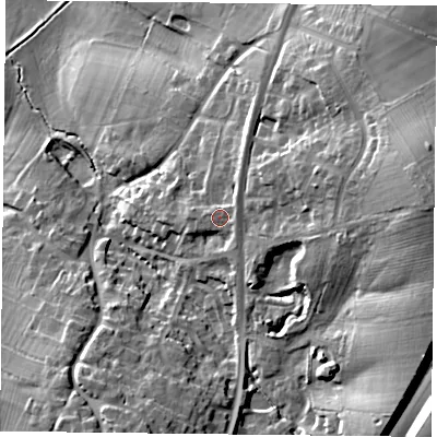 Shaded relief map of the ground around NN128UB, computed from Environment Agency LiDAR. The ground here sits at about 125 m above sea level and falls 35 m across the surrounding 800 m. Surface water reaching this point runs off ground lying to the north-east, 2.1 m higher.