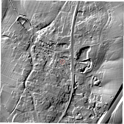 Shaded relief map of the ground around NN128UH, computed from Environment Agency LiDAR. The ground here sits at about 120 m above sea level and falls 32 m across the surrounding 800 m. Surface water reaching this point runs off ground lying to the east-north-east, 22.7 m higher.