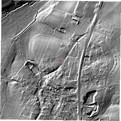 Shaded relief map of the ground around NN128UP, computed from Environment Agency LiDAR. The ground here sits at about 121 m above sea level and falls 33 m across the surrounding 800 m. Surface water reaching this point runs off ground lying to the east-south-east, 3.3 m higher.