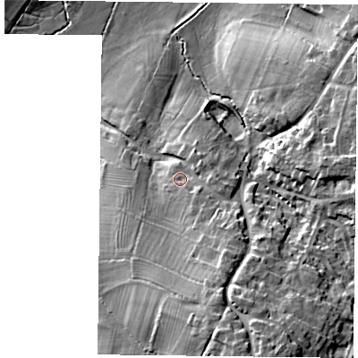 Shaded relief map of the ground around NN128XA, computed from Environment Agency LiDAR. The ground here sits at about 119 m above sea level and falls 26 m across the surrounding 800 m. Surface water reaching this point runs off ground lying to the south-east, 2.9 m higher.