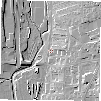 Shaded relief map of the ground around NN12PB, computed from Environment Agency LiDAR. The ground here sits at about 62 m above sea level and falls 25 m across the surrounding 800 m. Surface water reaching this point runs off ground lying to the east, 17.8 m higher.