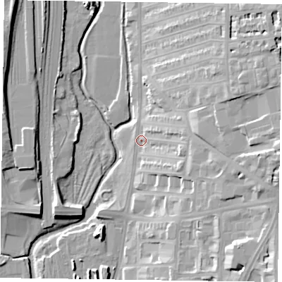 Shaded relief map of the ground around NN12PD, computed from Environment Agency LiDAR. The ground here sits at about 62 m above sea level and falls 26 m across the surrounding 800 m. Surface water reaching this point runs off ground lying to the east-south-east, 14.3 m higher.