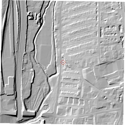 Shaded relief map of the ground around NN12PQ, computed from Environment Agency LiDAR. The ground here sits at about 62 m above sea level and falls 26 m across the surrounding 800 m. Surface water reaching this point runs off ground lying to the east, 21.4 m higher.