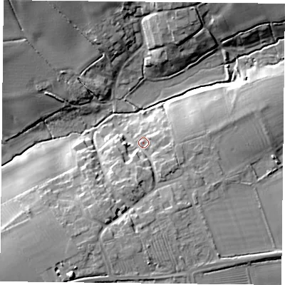 Shaded relief map of the ground around NN135HS, computed from Environment Agency LiDAR. The ground here sits at about 132 m above sea level and falls 18 m across the surrounding 800 m. Surface water reaching this point runs off ground lying to the south, 9.1 m higher.