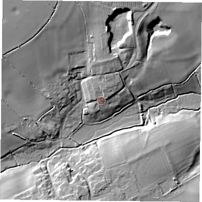 Shaded relief map of the ground around NN135HU, computed from Environment Agency LiDAR. The ground here sits at about 133 m above sea level and falls 23 m across the surrounding 800 m. Surface water reaching this point runs off ground lying to the north-north-east, 4.4 m higher.