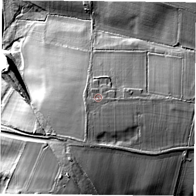 Shaded relief map of the ground around NN135JE, computed from Environment Agency LiDAR. The ground here sits at about 127 m above sea level and falls 28 m across the surrounding 800 m. Surface water reaching this point runs off ground lying to the south-south-east, 1.8 m higher.