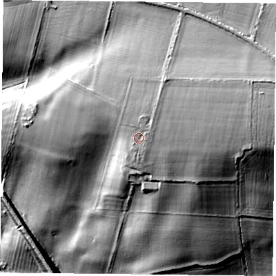 Shaded relief map of the ground around NN135JF, computed from Environment Agency LiDAR. The ground here sits at about 125 m above sea level and falls 32 m across the surrounding 800 m. Surface water reaching this point runs off ground lying to the north-north-east, 3.4 m higher.