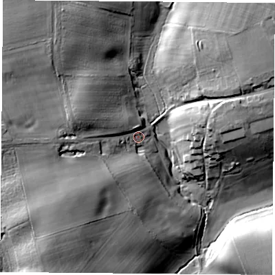 Shaded relief map of the ground around NN135LP, computed from Environment Agency LiDAR. The ground here sits at about 108 m above sea level and falls 28 m across the surrounding 800 m. Surface water reaching this point runs off ground lying to the west, 13.8 m higher.