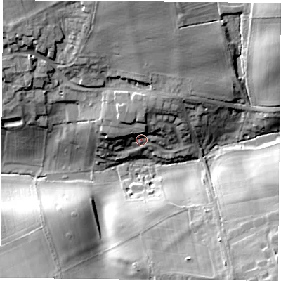 Shaded relief map of the ground around NN135NA, computed from Environment Agency LiDAR. The ground here sits at about 108 m above sea level and falls 24 m across the surrounding 800 m. Surface water reaching this point runs off ground lying to the north, 10.0 m higher.