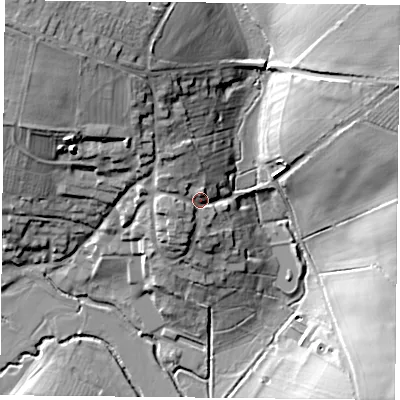 Shaded relief map of the ground around NN135PR, computed from Environment Agency LiDAR. The ground here sits at about 107 m above sea level and falls 30 m across the surrounding 800 m. Surface water reaching this point runs off ground lying to the north-west, 7.5 m higher.