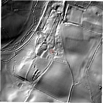 Shaded relief map of the ground around NN135QU, computed from Environment Agency LiDAR. The ground here sits at about 130 m above sea level and falls 43 m across the surrounding 800 m. Surface water reaching this point runs off ground lying to the south-east, 13.3 m higher.